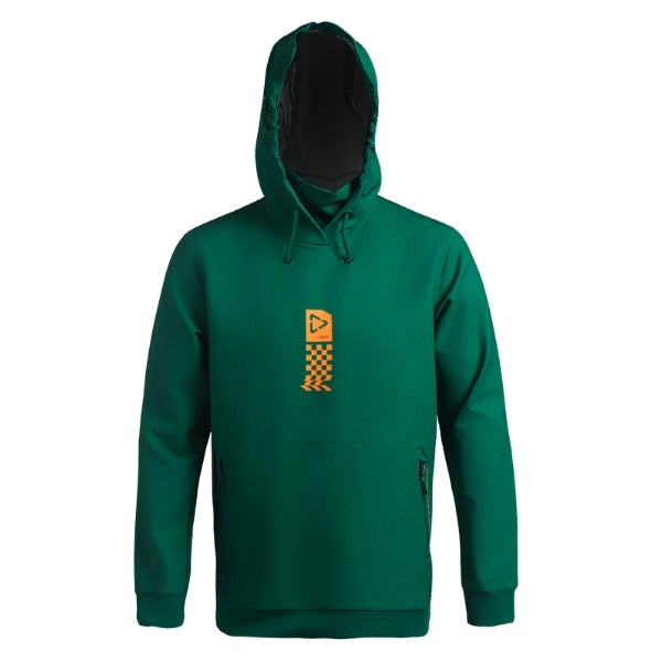 Leatt Moto 5.5 ThermaFlow Hoodie in Tech Jade Green, front view showing the hood, chest, sleeves, and zipper