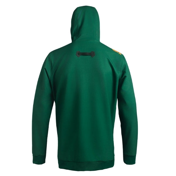 Leatt Moto 5.5 ThermaFlow Hoodie in Tech Jade Green, rear view showing the hood, back panel, and sleeves