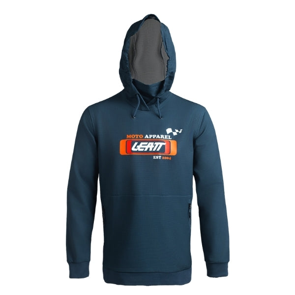 Leatt Moto 5.5 ThermaFlow Hoodie in Retro Ocean Grey, front view showing the hood, chest, sleeves, and zipper