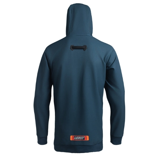 Leatt Moto 5.5 ThermaFlow Hoodie in Retro Ocean Grey, rear view showing the hood, back panel, and sleeves