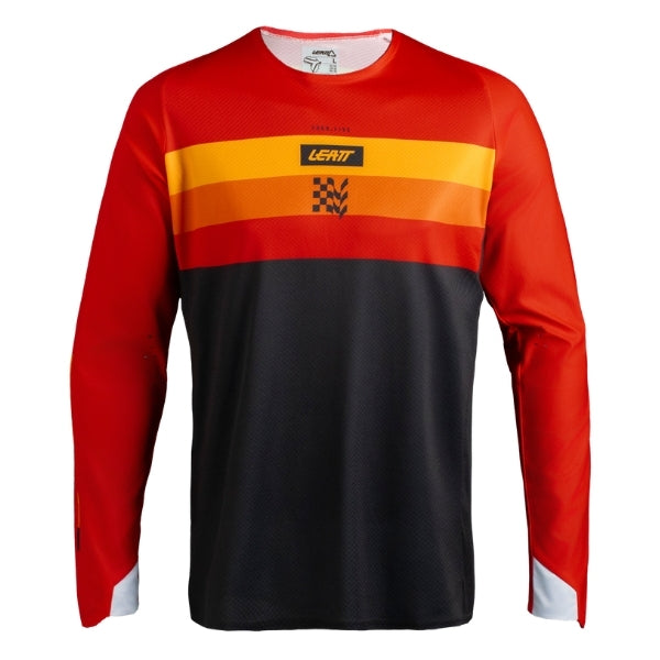 Leatt Moto 4.5 Enduro Jersey in Stripe Red, front view showing the chest and sleeve graphics