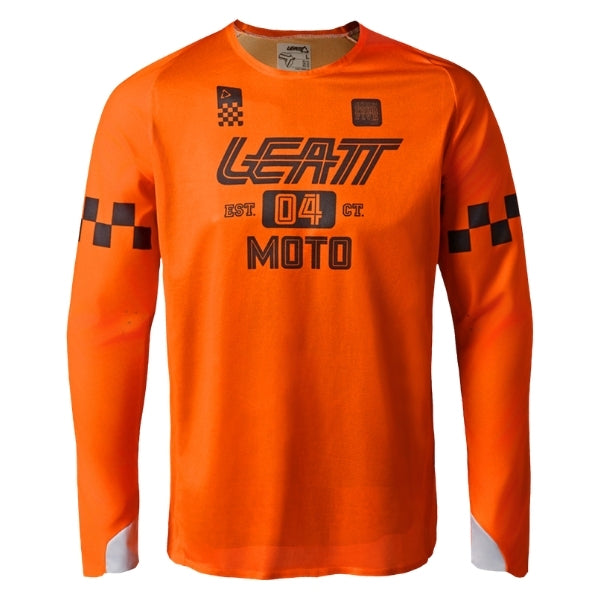 Leatt Moto 4.5 Enduro X-Flow Jersey in Speed Orange, front view showing the chest and sleeve graphics
