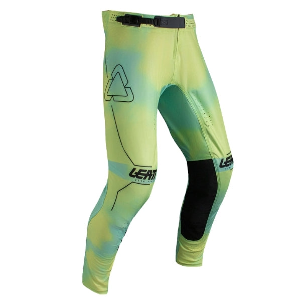 Leatt Moto 5.5 IKS Pants in Acid Yellow, front view showing the waist, thigh, and knee panels