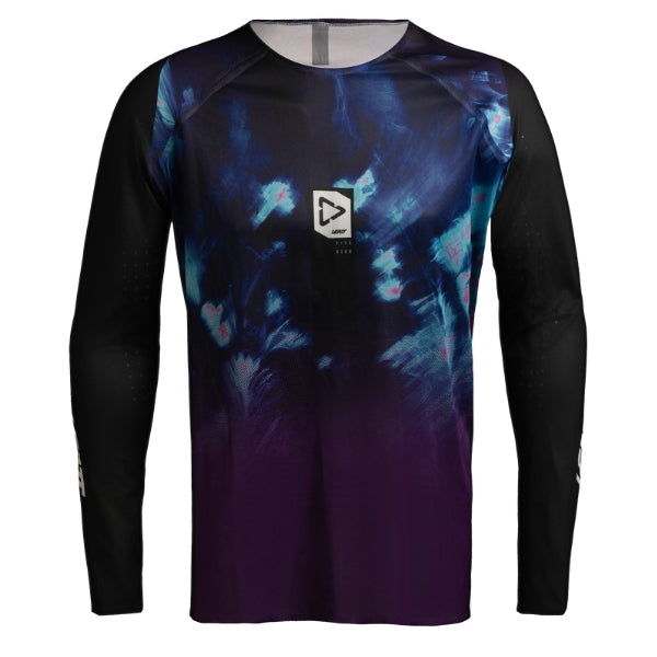 Leatt Moto 5.5 UltraWeld Jersey in AI Purple, front view showing the chest and sleeve graphics