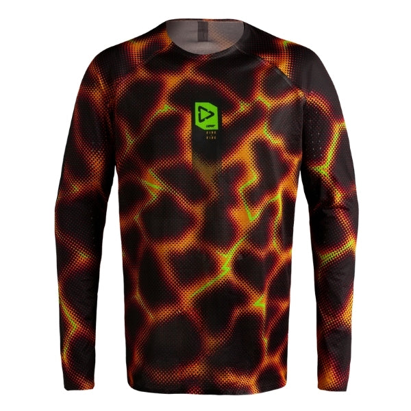 Leatt Moto 5.5 UltraWeld Jersey in Fire Orange, front view showing the chest and sleeve graphics