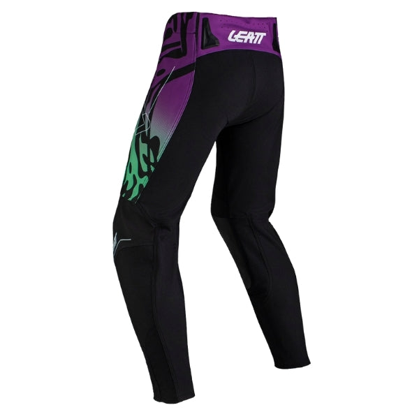 Leatt Moto 4.5 Pants in Leopard Purple, rear view showing the seat, knee, and lower-leg panels