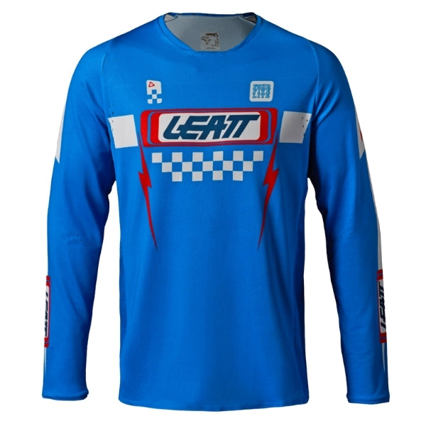 Leatt Moto 4.5 Lite Jersey in Speed Blue, front view showing the chest and sleeve graphics