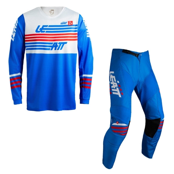 Leatt Moto 3.5 Ride jersey and pants combo in Stripes Blue, jersey and pants shown together with coordinated graphics