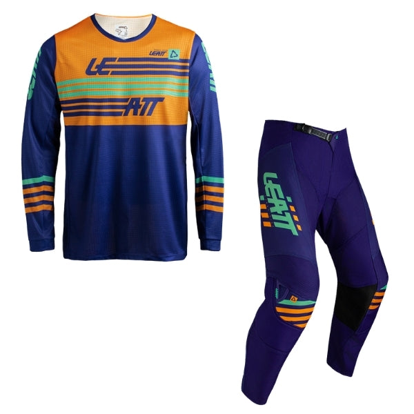 Leatt Moto 3.5 Ride jersey and pants combo in Stripes Orange, jersey and pants shown together with coordinated graphics
