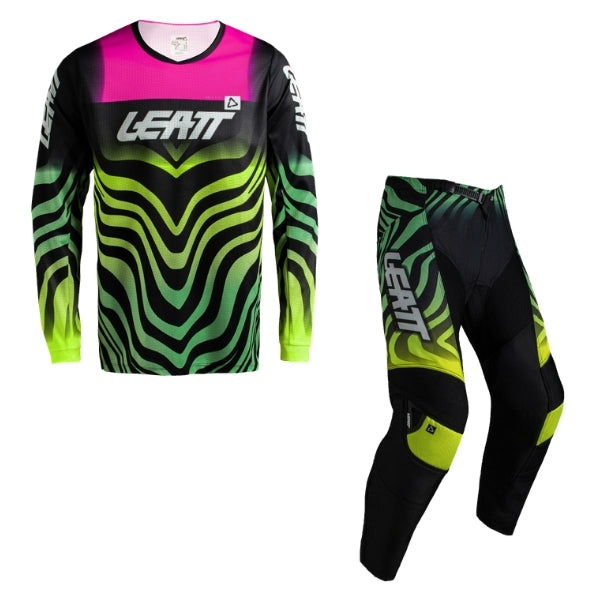 Leatt Moto 3.5 Ride jersey and pants combo in Tiger Pink, jersey and pants shown together with coordinated graphics
