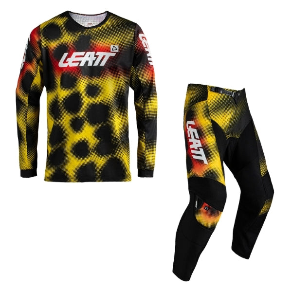 Leatt Moto 3.5 Ride jersey and pants combo in Leopard Yellow, jersey and pants shown together with coordinated graphics