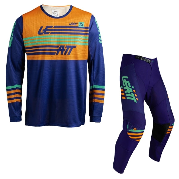 Leatt Moto 3.5 Youth jersey and pants combo in Stripes Orange, jersey and pants displayed together with coordinated graphics