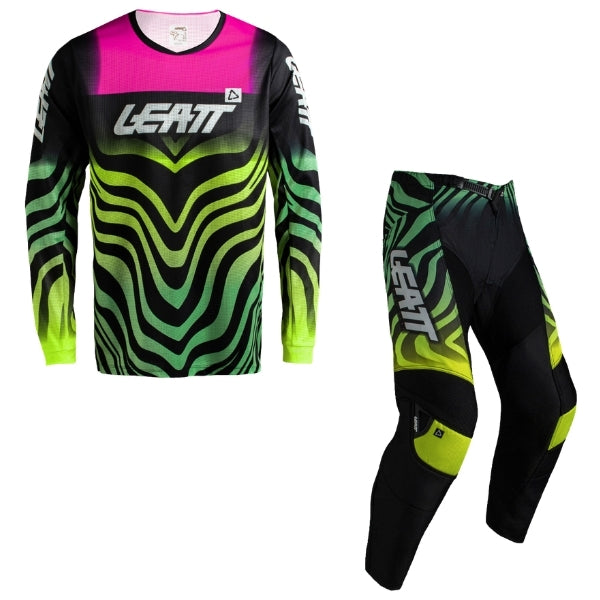 Leatt Moto 3.5 Youth jersey and pants combo in Tiger Pink, jersey and pants displayed together with coordinated graphics