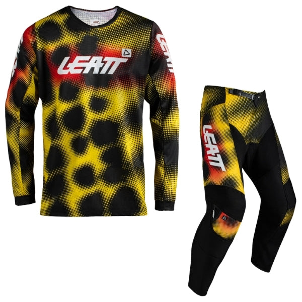 Leatt Moto 3.5 Youth jersey and pants combo in Leopard Yellow, jersey and pants displayed together with coordinated graphics