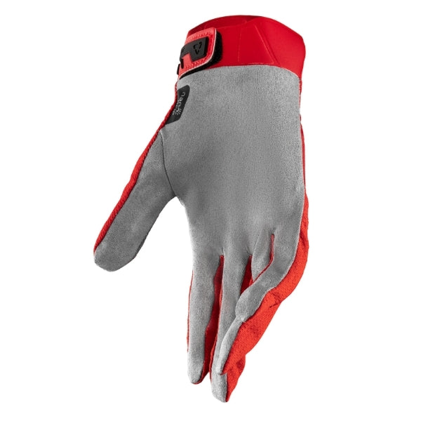 Leatt Moto 2.5 X-Flow Youth gloves in Red, palm side showing the grip surface and finger panels