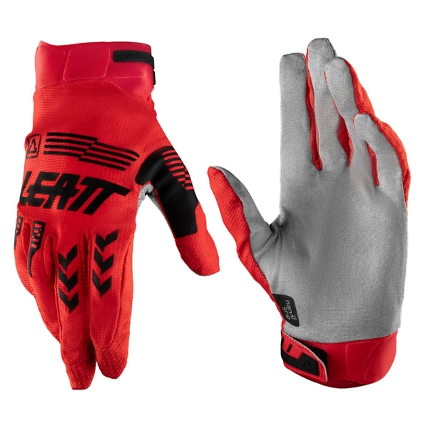 Leatt Moto 2.5 X-Flow Youth gloves in Red, pair showing the back-of-hand and palm sides together