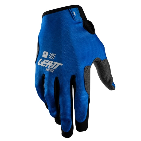 Leatt Moto 1.5 GripR Youth gloves in Blue, back-of-hand side showing the logo and finger graphics