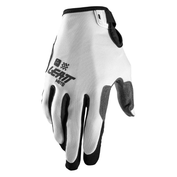 Leatt Moto 1.5 GripR Youth gloves in White, back-of-hand side showing the logo and finger graphics