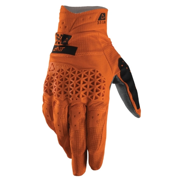 Leatt Moto 3.5 Lite Gloves in Speed Orange, back-of-hand side showing the logo and finger graphics