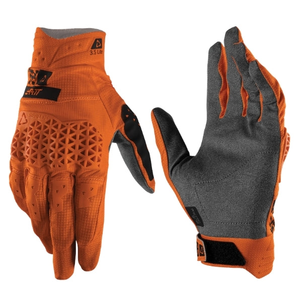 Leatt Moto 3.5 Lite Gloves in Speed Orange, pair showing the back-of-hand and palm sides together