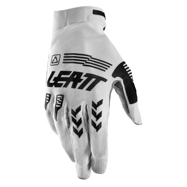 Leatt Moto 2.5 X-Flow gloves in White, back-of-hand side showing the logo and finger graphics