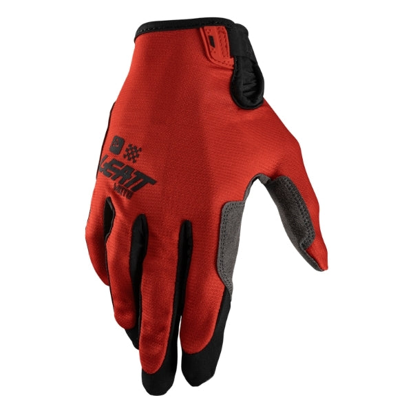 Leatt Moto 1.5 GripR gloves in Red, back-of-hand side showing the logo and finger graphics