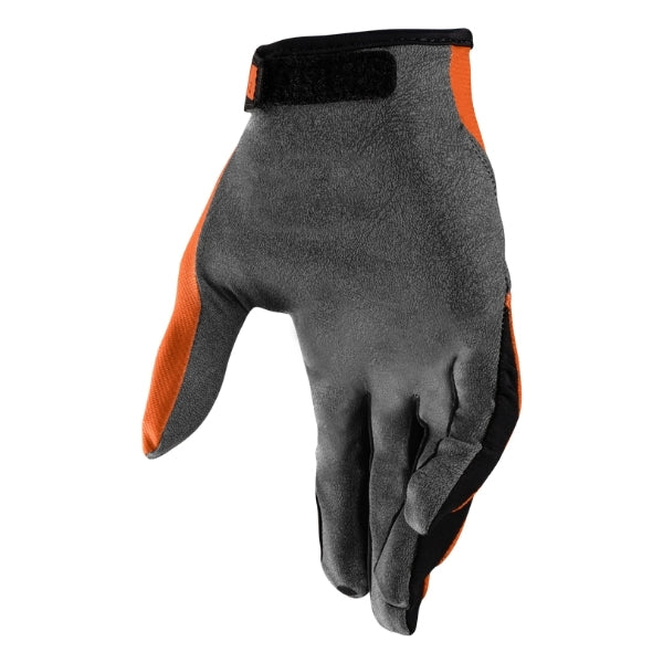 Leatt Moto 1.5 GripR gloves in Orange, palm side showing the grip surface and finger panels