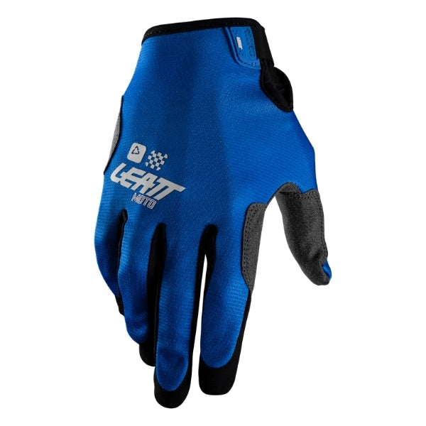 Leatt Moto 1.5 GripR gloves in Blue, back-of-hand side showing the logo and finger graphics