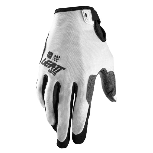 Leatt Moto 1.5 GripR gloves in White, back-of-hand side showing the logo and finger graphics