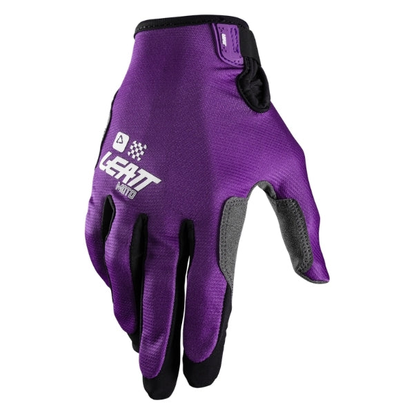 Leatt Moto 1.5 GripR gloves in Purple, back-of-hand side showing the logo and finger graphics