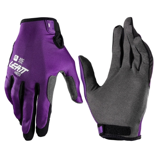 Leatt Moto 1.5 GripR gloves in Purple, pair showing the back-of-hand and palm sides together