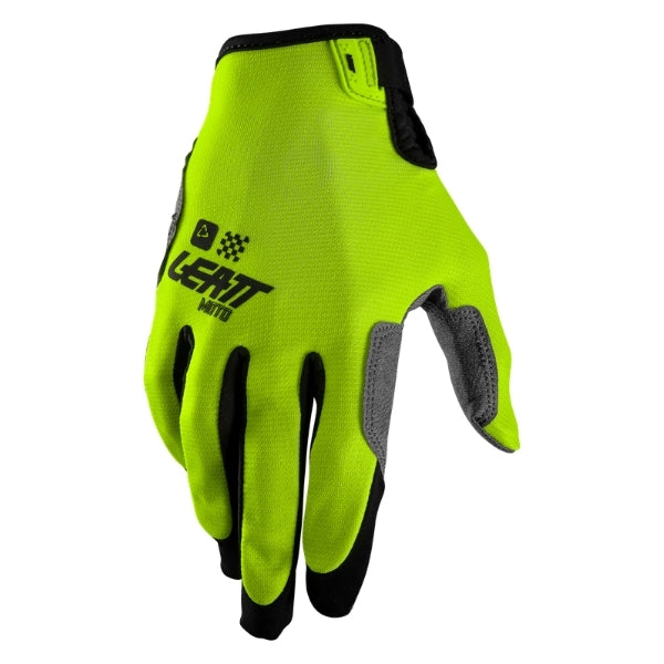 Leatt Moto 1.5 GripR gloves in Neon Yellow, back-of-hand side showing the logo and finger graphics