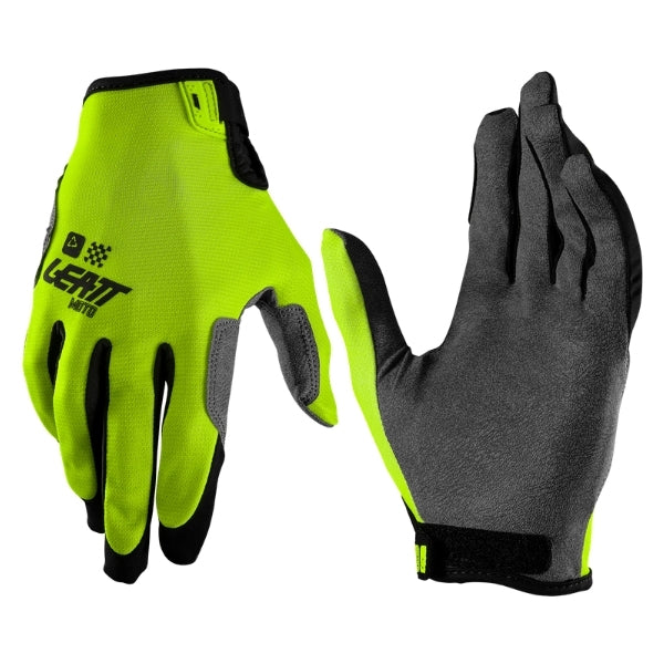 Leatt Moto 1.5 GripR gloves in Neon Yellow, pair showing the back-of-hand and palm sides together