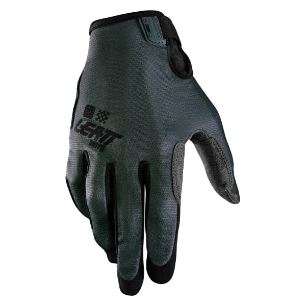 Leatt Moto 1.5 GripR gloves in Stealth Grey, back-of-hand side showing the logo and finger graphics