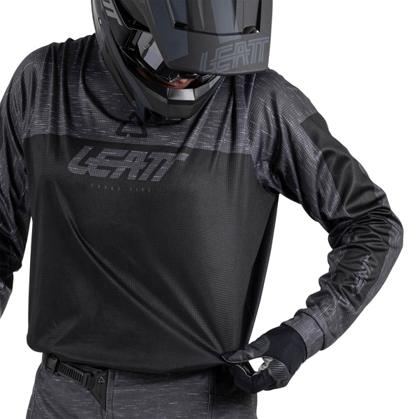 Product photo showing Leatt, V26 Moto 3.5 Jersey in Stealth Black/Grey, Colors: Blue, Brown, Orange, Red, Retro Pink, Stealth Black/Grey, Storm Teal, Sizes: 2-5, SKU: 5026020542