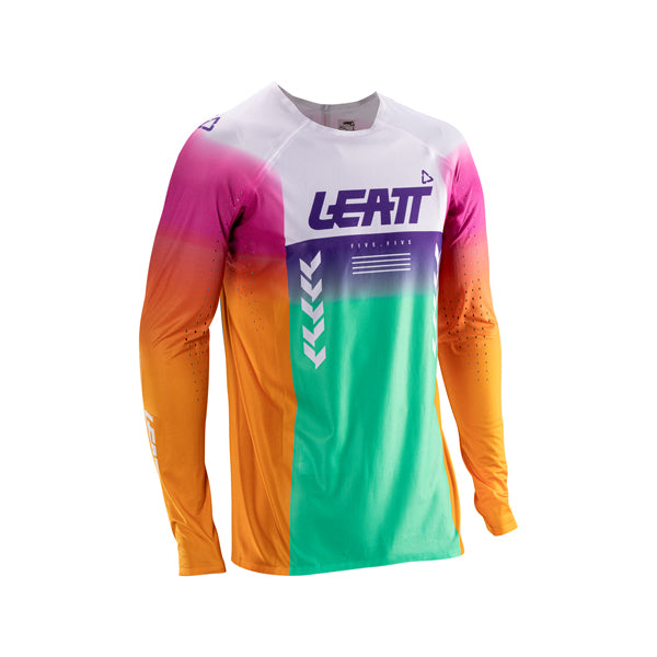 Product photo showing Leatt, V26 Moto 5.5 UltraWeld Jersey in Black, Colors: Black, Orange, Pinata Teal, Purple, Royal Blue/Red, Tiger Pink, Sizes: 2-3, SKU: 5026000101