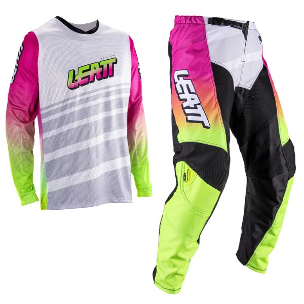 Product photo showing Leatt, V26 Moto 3.5 Ride Jersey, Pant Combo in Blue, Colors: Blue, Brown, Orange, Red, Retro Pink, Stealth, Storm Teal, Sizes: 28-544, SKU: 5026000680
