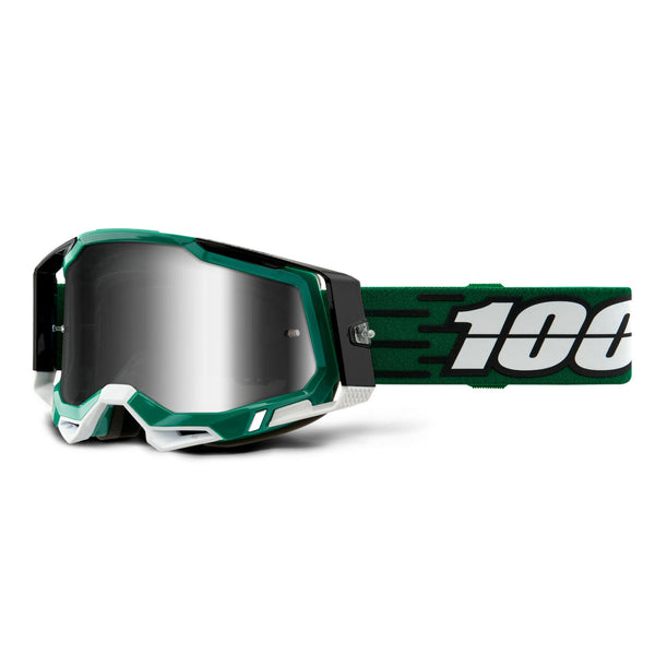Studio image highlighting 100%, Racecraft 2.0 Goggle (Mirror Lens), Goggles, SKU 26013079, color options Arbis, Mirror Silver Lens, Mayfair, Mirror Silver Lens, Maho, Silver Flash Lens, Concordia, Mirror Blue Lens, Airblast, Mirror Silver Lens, Blue, Mirror Blue Lens, Fremont, Mirror Blue Lens, Red, Mirror Red Lens and more