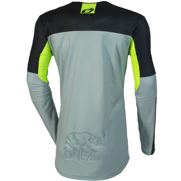 Studio image highlighting O'Neal, Mayhem Hexx V.23 Jersey, SKU M004-002, color options Red/Black, Blue/Orange, Grey/Neon, Black/White, Black/Grey, sizes XL–2X