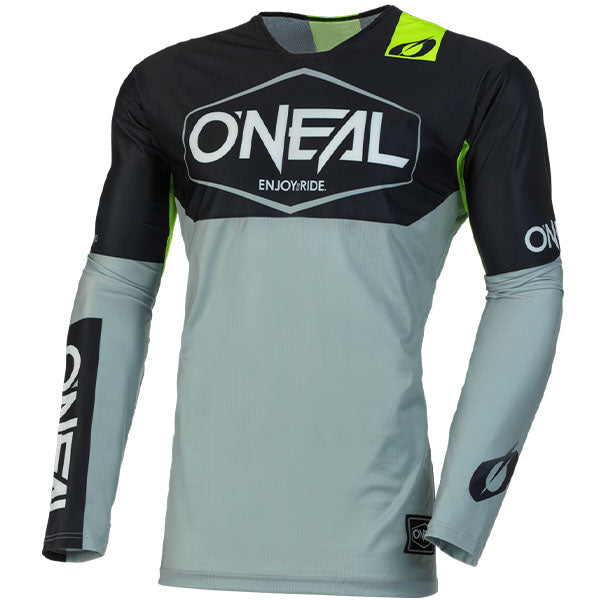 Detailed studio photograph of O'Neal, Mayhem Hexx V.23 Jersey, SKU M004-306, color options Red/Black, Blue/Orange, Grey/Neon, Black/White, Black/Grey, sizes XL–2X