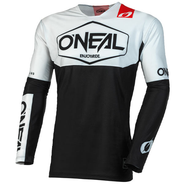 Studio image highlighting O'Neal, Mayhem Hexx V.23 Jersey, SKU M004-003, color options Red/Black, Blue/Orange, Grey/Neon, Black/White, Black/Grey, sizes XL–2X