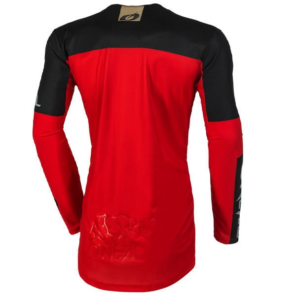 Studio photo showcasing O'Neal, Mayhem Hexx V.23 Jersey, SKU M004-303, color options Red/Black, Blue/Orange, Grey/Neon, Black/White, Black/Grey, sizes XL–2X