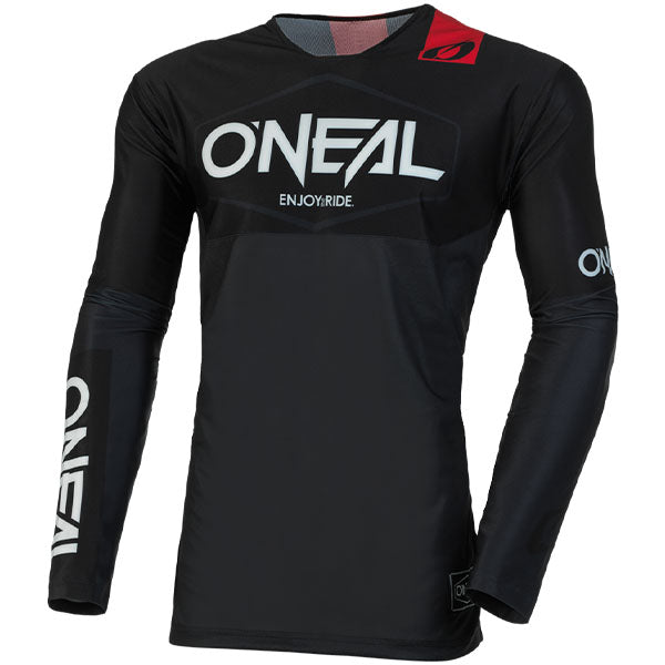 High-resolution studio image of O'Neal, Mayhem Hexx V.23 Jersey, SKU M004-005, color options Red/Black, Blue/Orange, Grey/Neon, Black/White, Black/Grey, sizes XL–2X
