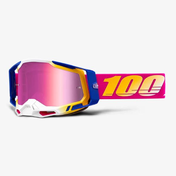 Studio photo of 100%, Racecraft 2.0 Goggle (Mirror Lens), Goggles, SKU 26013213, color options Arbis, Mirror Silver Lens, Mayfair, Mirror Silver Lens, Maho, Silver Flash Lens, Concordia, Mirror Blue Lens, Airblast, Mirror Silver Lens, Blue, Mirror Blue Lens, Fremont, Mirror Blue Lens, Red, Mirror Red Lens and more