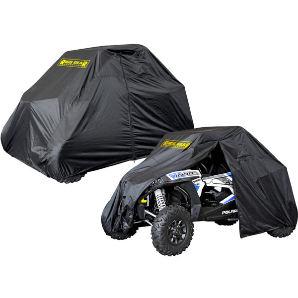 Nelson-Rigg Extreme Pro UTV cover black waterproof fitted over side-by-side roof and hood, elastic hem and logo patch visible, UTV storage cover, SKU 270-2064