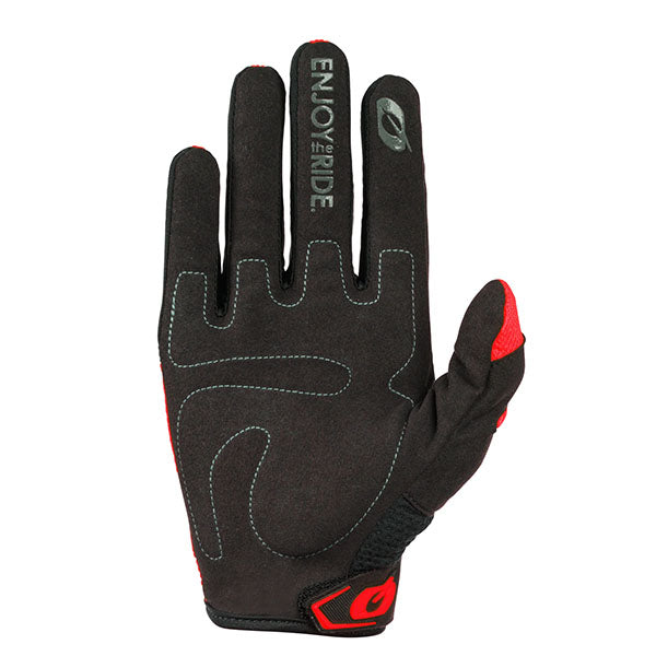 Studio photo showcasing O'Neal, Element Racewear V.24 Glove, Offroad Gloves, SKU E032-208, color options Black, Blue, Black/Grey, Red, Orange, Neon Yellow, sizes XS–5X