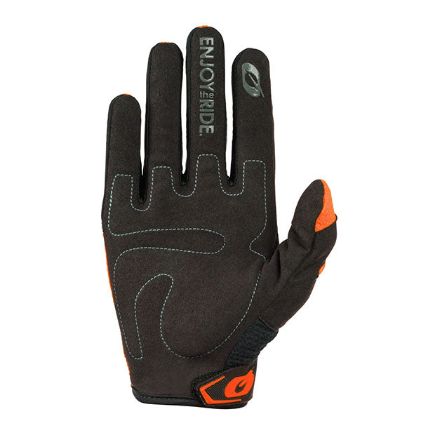 Studio photo showcasing O'Neal, Element Racewear V.24 Glove (Youth), Offroad Gloves, SKU E032-303, color options Black, Blue, Red, Orange, Neon Yellow, sizes Y-XS, Y-SM, Y-MD, Y-LG, Y-XL
