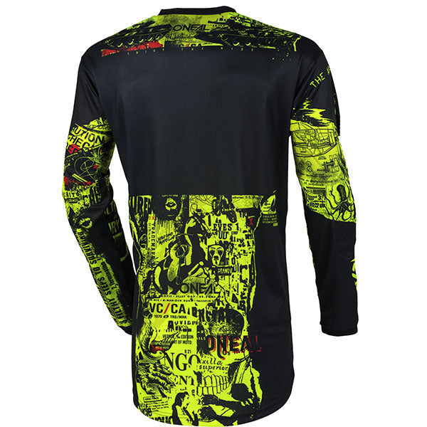 Studio product photo on a neutral background of O'Neal, Element Attack V.25 Jersey, SKU E006-333, color options Black/White, Black/Neon Yellow, sizes XL–2X