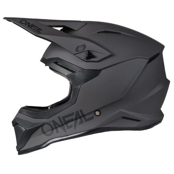 Studio photo showcasing O'Neal, 4 Series Solid Helmet, SKU 0626-213, color options Black/Grey, Grey/Black, sizes XS–2X