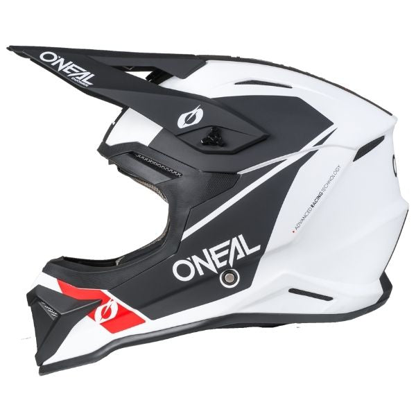 Studio image highlighting O'Neal, 4 Series Race Helmet, SKU 0626-414, color options White/Black, sizes XS–2X